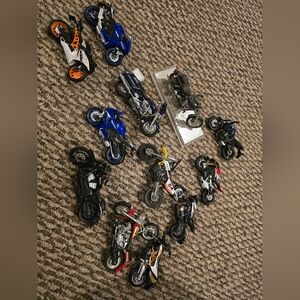 14 Assorted Kids Toy Motorcycle Set - Blue, Black, White, Orange, Yellow